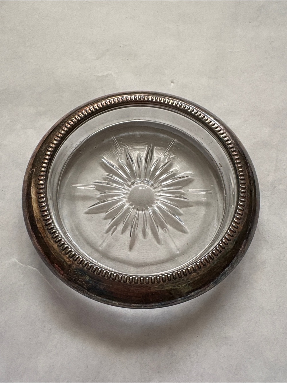 Leonard Crystal starburst Glass coaster trivet Dish ashtray Silver plated rim